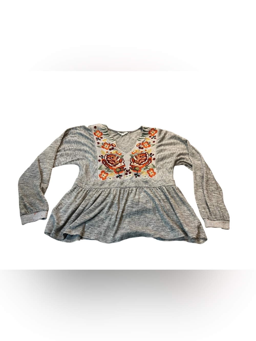 THML Gray V-Neck Peplum Sweater with Orange Floral Embroidery